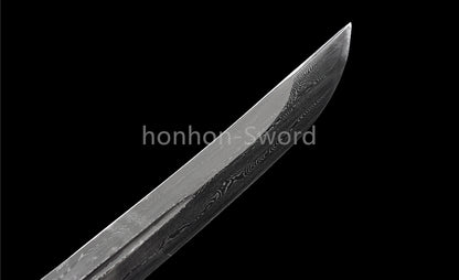 12'' Damascus Folded Steel Japanese Tanto UNOKUBI ZUKURI Mini Sword Full Tang