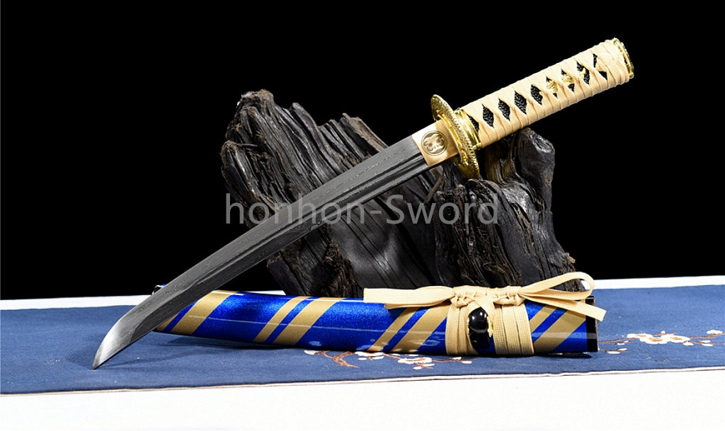 12'' Damascus Folded Steel Japanese Tanto UNOKUBI ZUKURI Mini Sword Full Tang