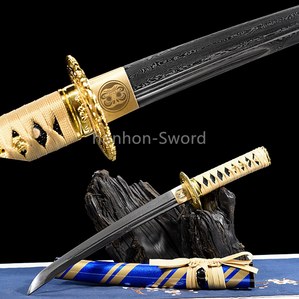 12'' Damascus Folded Steel Japanese Tanto UNOKUBI ZUKURI Mini Sword Full Tang