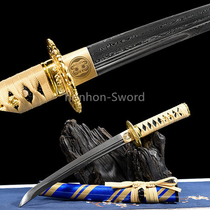 12'' Damascus Folded Steel Japanese Tanto UNOKUBI ZUKURI Mini Sword Full Tang