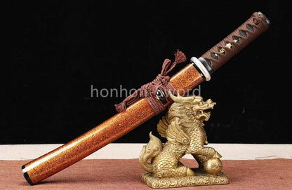 Japanese Tanto Folded Steel UNOKUBI ZUKURI Mini Sword Full Tang Battle Ready Gold