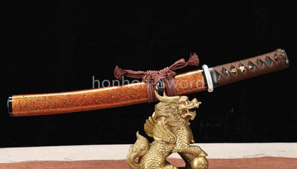 Japanese Tanto Folded Steel UNOKUBI ZUKURI Mini Sword Full Tang Battle Ready Gold