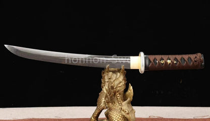 Japanese Tanto Folded Steel UNOKUBI ZUKURI Mini Sword Full Tang Battle Ready Gold