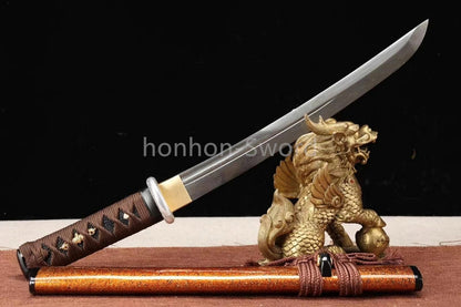Japanese Tanto Folded Steel UNOKUBI ZUKURI Mini Sword Full Tang Battle Ready Gold