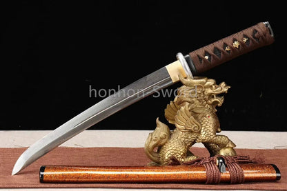 Japanese Tanto Folded Steel UNOKUBI ZUKURI Mini Sword Full Tang Battle Ready Gold