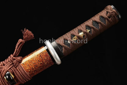 Japanese Tanto Folded Steel UNOKUBI ZUKURI Mini Sword Full Tang Battle Ready Gold