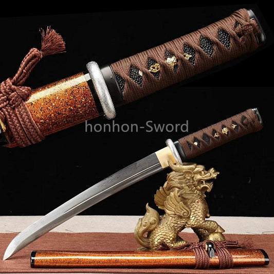 Japanese Tanto Folded Steel UNOKUBI ZUKURI Mini Sword Full Tang Battle Ready Gold