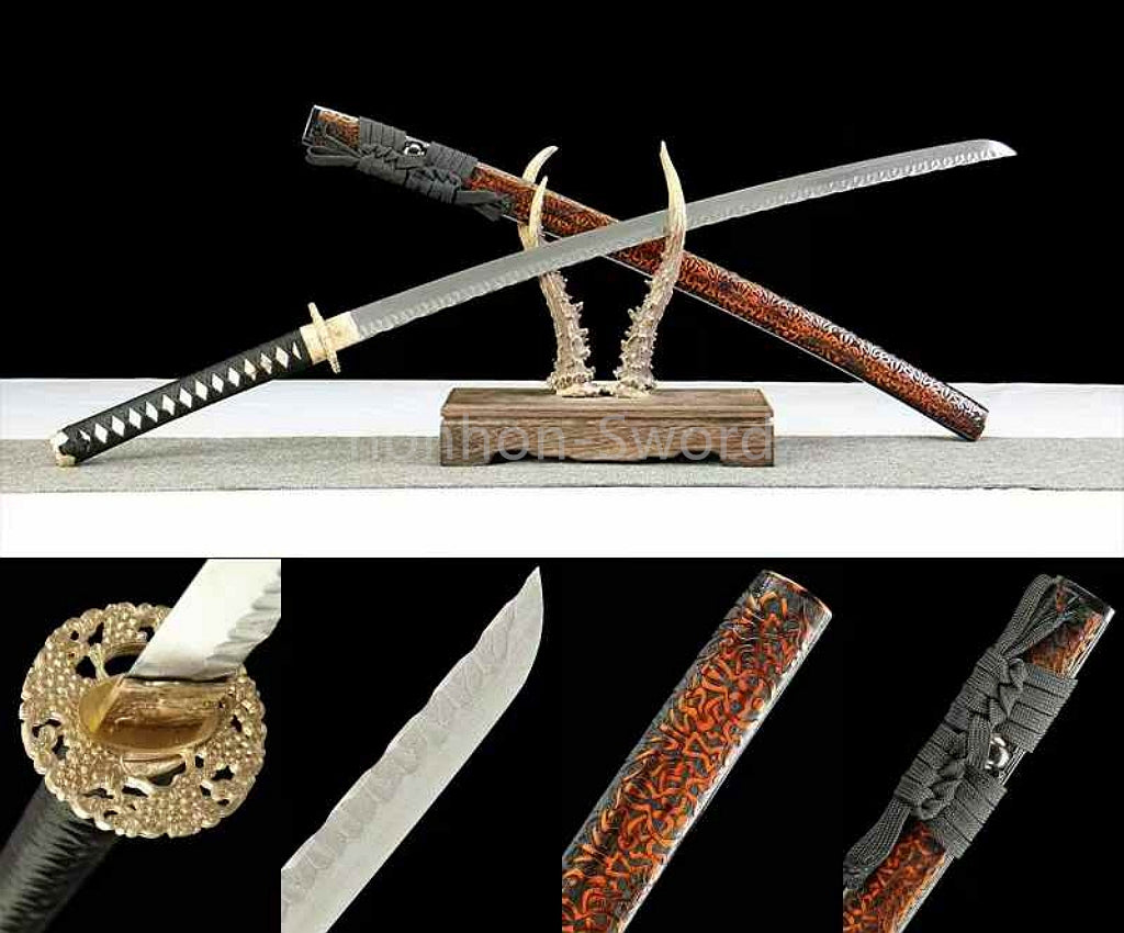 26inch Damascus Folded Steel Japanese Samurai Sword Katana Stone Pattern Blade Brass Tsuba Functional