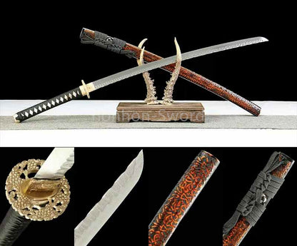 26inch Damascus Folded Steel Japanese Samurai Sword Katana Stone Pattern Blade Brass Tsuba Functional