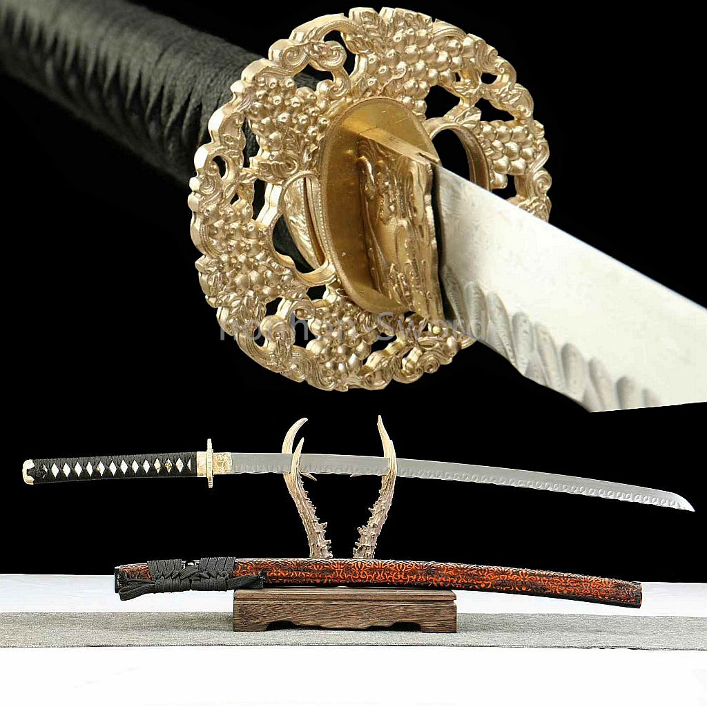 26inch Damascus Folded Steel Japanese Samurai Sword Katana Stone Pattern Blade Brass Tsuba Functional