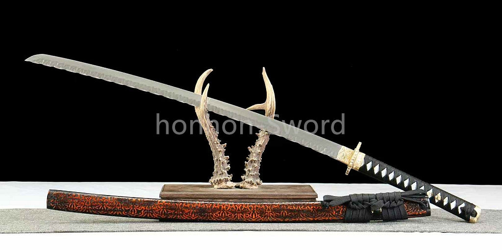 26inch Damascus Folded Steel Japanese Samurai Sword Katana Stone Pattern Blade Brass Tsuba Functional