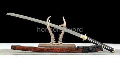 26inch Damascus Folded Steel Japanese Samurai Sword Katana Stone Pattern Blade Brass Tsuba Functional