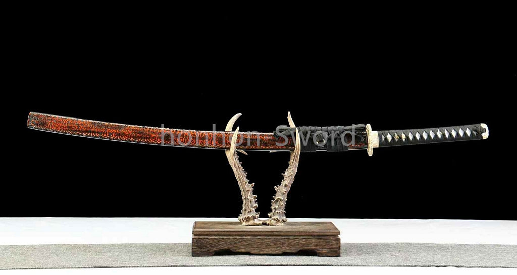26inch Damascus Folded Steel Japanese Samurai Sword Katana Stone Pattern Blade Brass Tsuba Functional