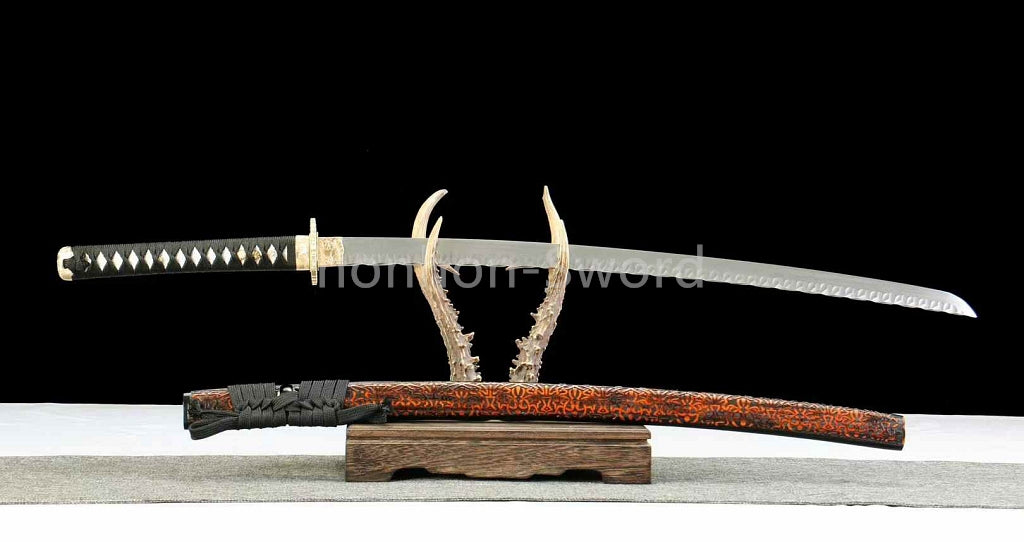 26inch Damascus Folded Steel Japanese Samurai Sword Katana Stone Pattern Blade Brass Tsuba Functional