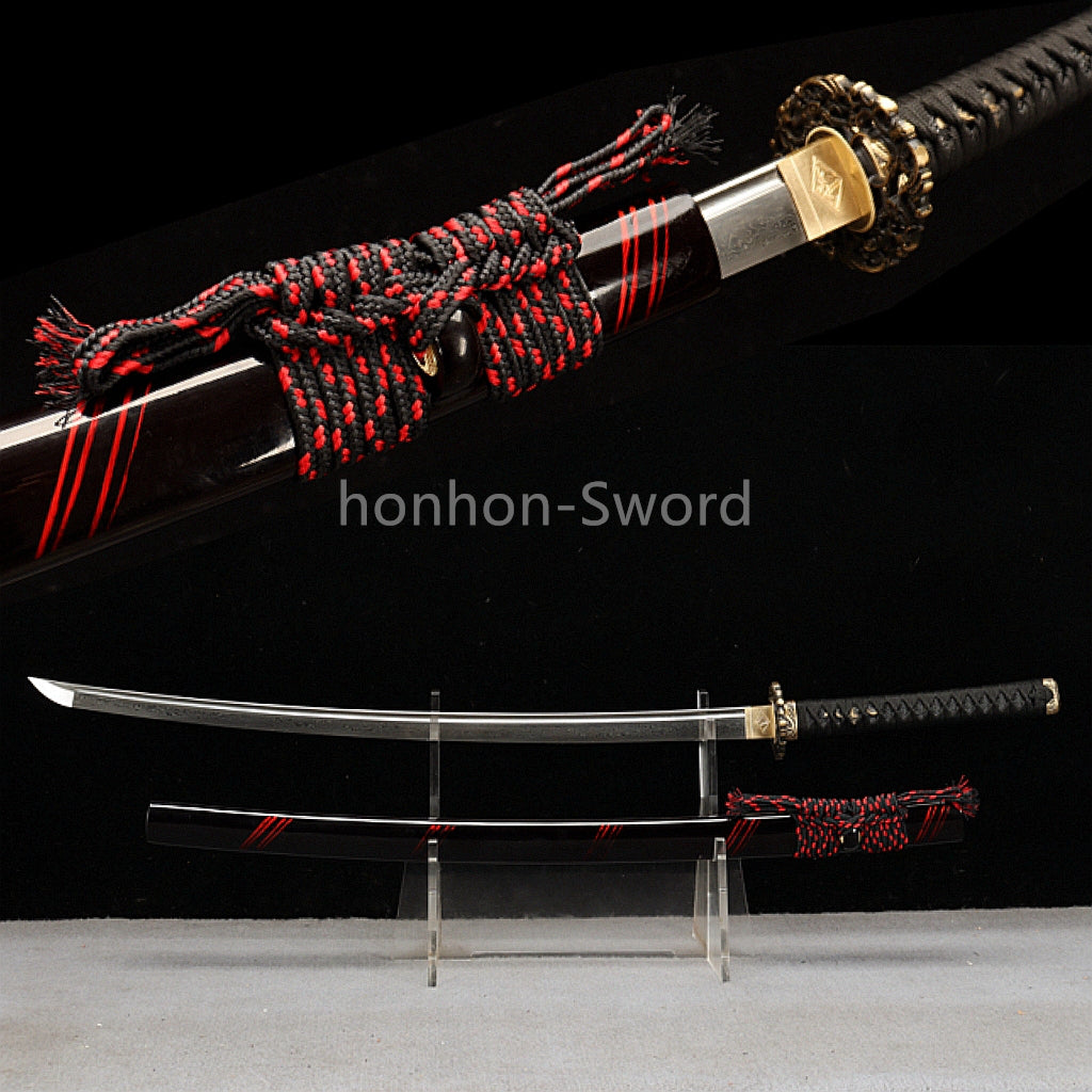 Épée de samouraï japonaise en acier plié noir, katana, lame tranchante faite à la main, noire 