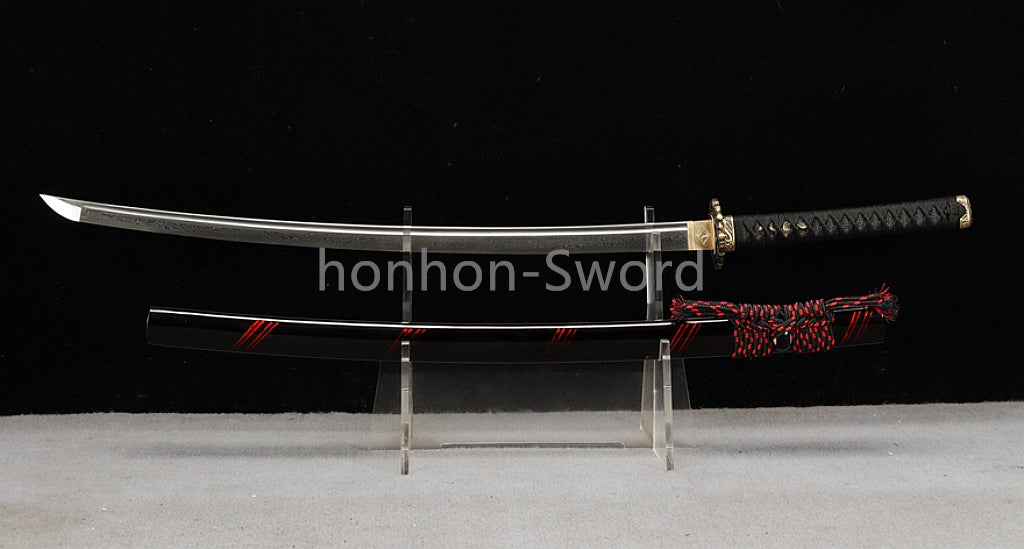 Épée de samouraï japonaise en acier plié noir, katana, lame tranchante faite à la main, noire 