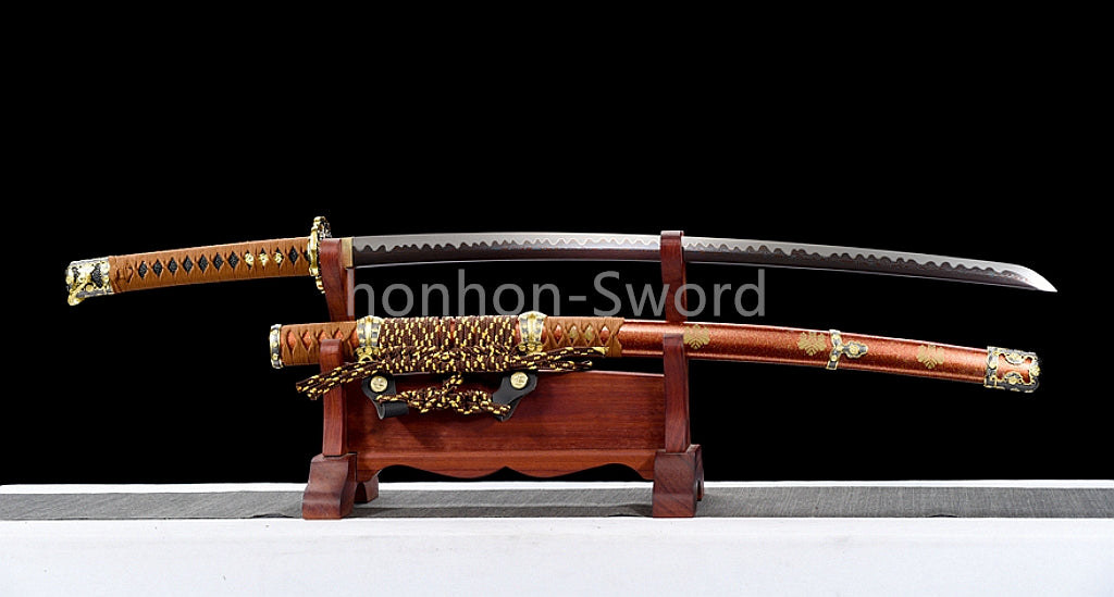 26inch Japanese Tachi Damascus Folded Steel Sword Blue Blade Alloy Tsuba Sharp Battle Ready