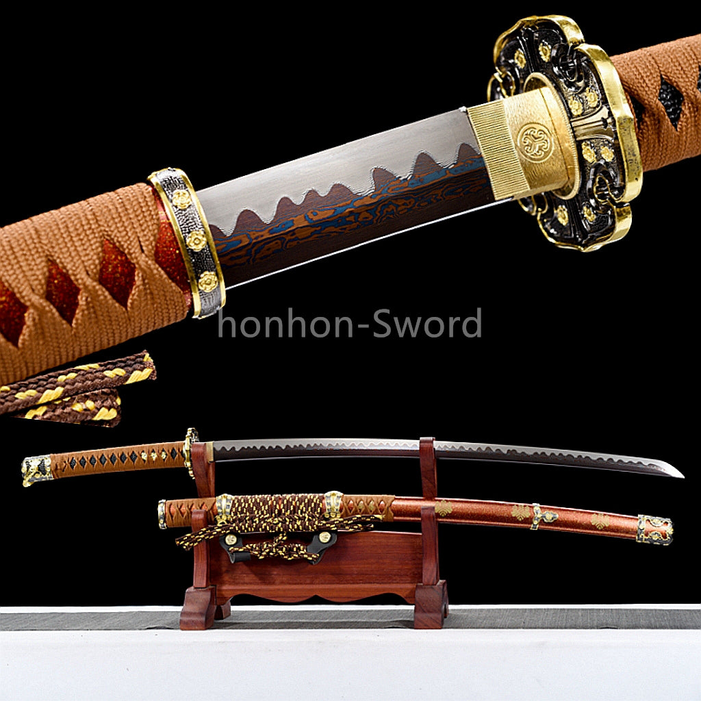 26inch Japanese Tachi Damascus Folded Steel Sword Blue Blade Alloy Tsuba Sharp Battle Ready