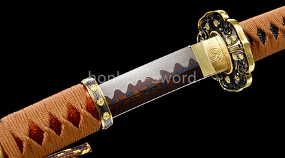26inch Japanese Tachi Damascus Folded Steel Sword Blue Blade Alloy Tsuba Sharp Battle Ready