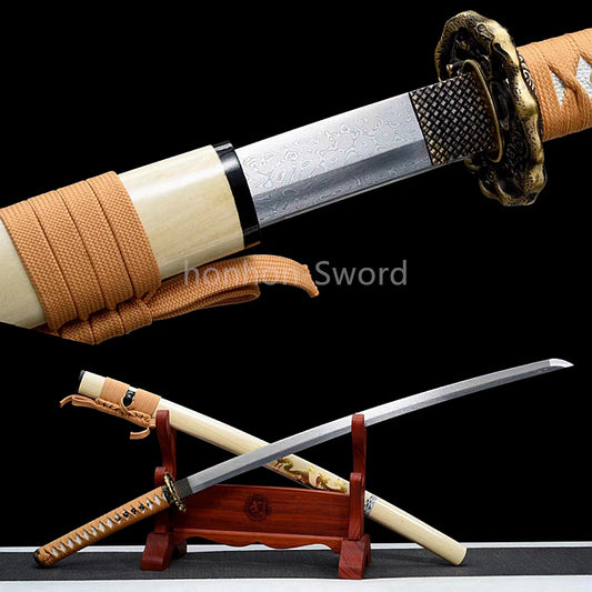 Damascus Folded Steel Japanese Samurai Sword 26inch Katana Brass Tsuba Functional Real Sword