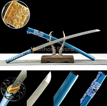 Épée de samouraï japonaise en acier plié noir, katana, lame tranchante faite à la main, noire 