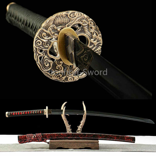 Japanese Katana 26inch Damascus Folded Steel Samurai Brass Tsuba Full Tang Sword Black Blade