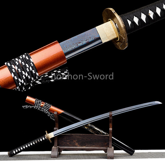Japanisches Samurai-Schwert Katana aus schwarzem gefaltetem Stahl, Full Tang, handgefertigt, scharfe Klinge, schwarz 