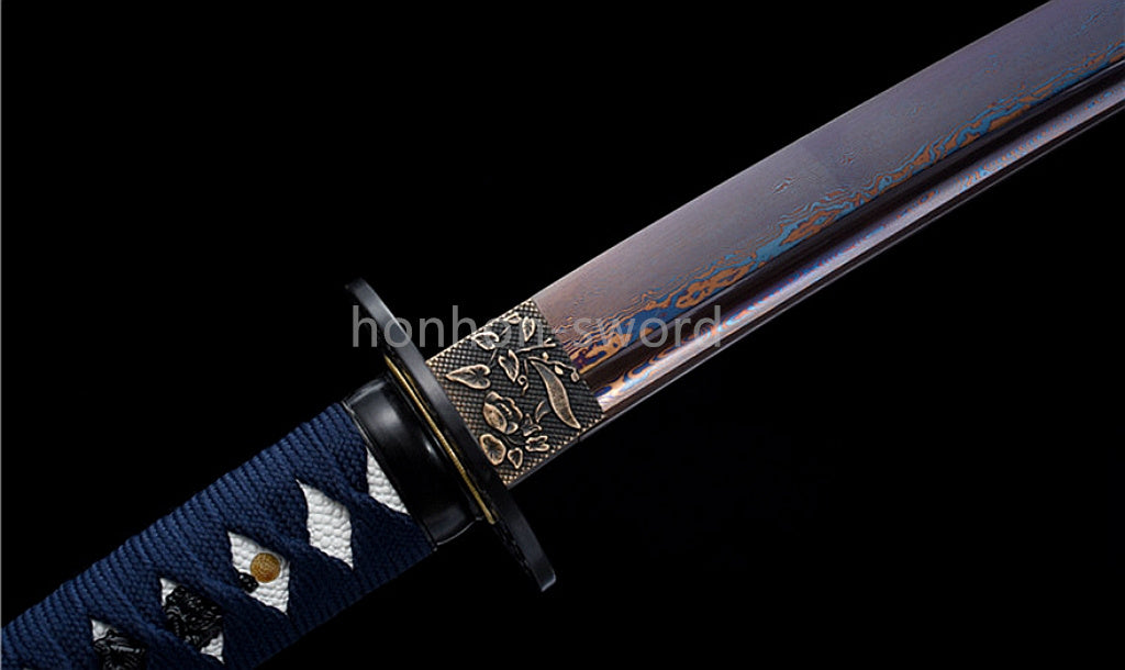 Japanisches Samurai-Schwert Katana aus schwarzem gefaltetem Stahl, Full Tang, handgefertigt, scharfe Klinge, schwarz 