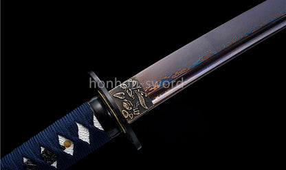Japanisches Samurai-Schwert Katana aus schwarzem gefaltetem Stahl, Full Tang, handgefertigt, scharfe Klinge, schwarz 