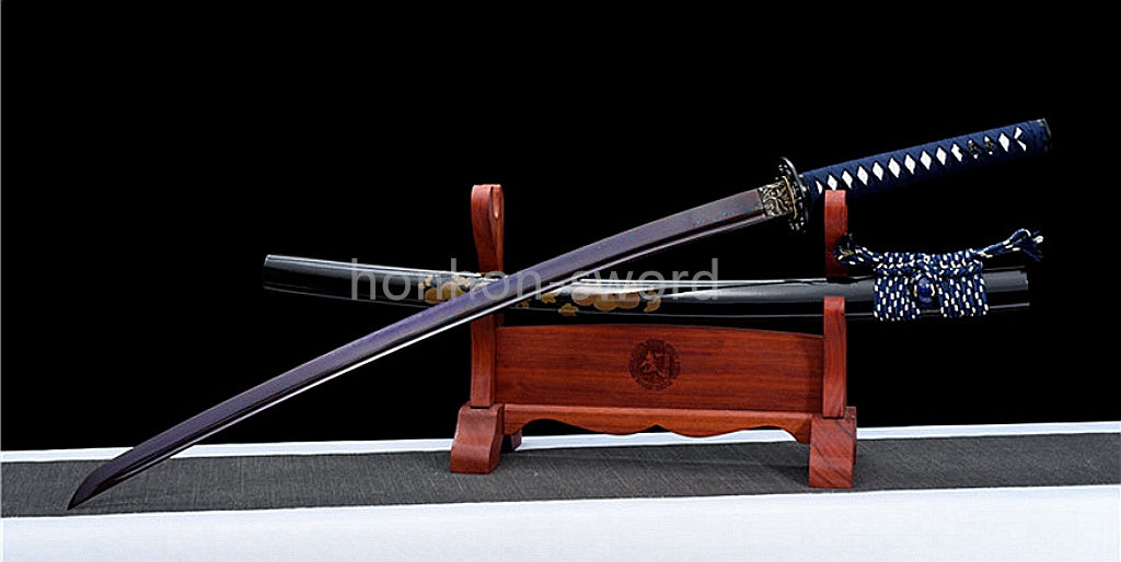 Japanisches Samurai-Schwert Katana aus schwarzem gefaltetem Stahl, Full Tang, handgefertigt, scharfe Klinge, schwarz 