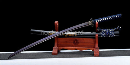 Japanisches Samurai-Schwert Katana aus schwarzem gefaltetem Stahl, Full Tang, handgefertigt, scharfe Klinge, schwarz 