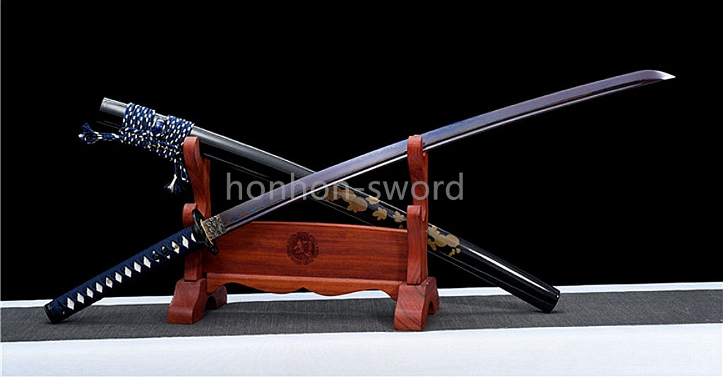 Japanisches Samurai-Schwert Katana aus schwarzem gefaltetem Stahl, Full Tang, handgefertigt, scharfe Klinge, schwarz 