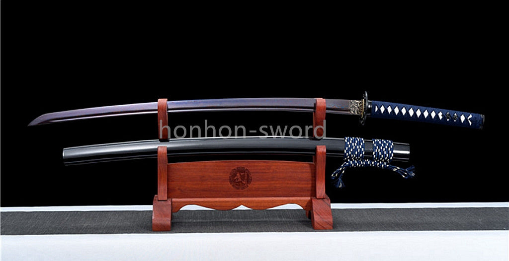 Japanisches Samurai-Schwert Katana aus schwarzem gefaltetem Stahl, Full Tang, handgefertigt, scharfe Klinge, schwarz 