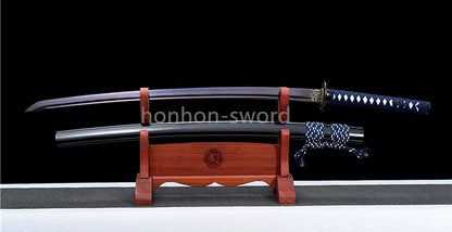 Japanisches Samurai-Schwert Katana aus schwarzem gefaltetem Stahl, Full Tang, handgefertigt, scharfe Klinge, schwarz 
