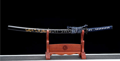 Japanisches Samurai-Schwert Katana aus schwarzem gefaltetem Stahl, Full Tang, handgefertigt, scharfe Klinge, schwarz 