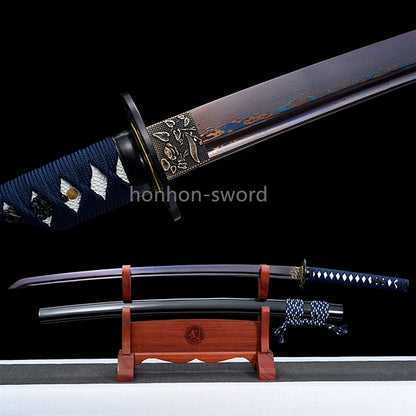 Japanisches Samurai-Schwert Katana aus schwarzem gefaltetem Stahl, Full Tang, handgefertigt, scharfe Klinge, schwarz 