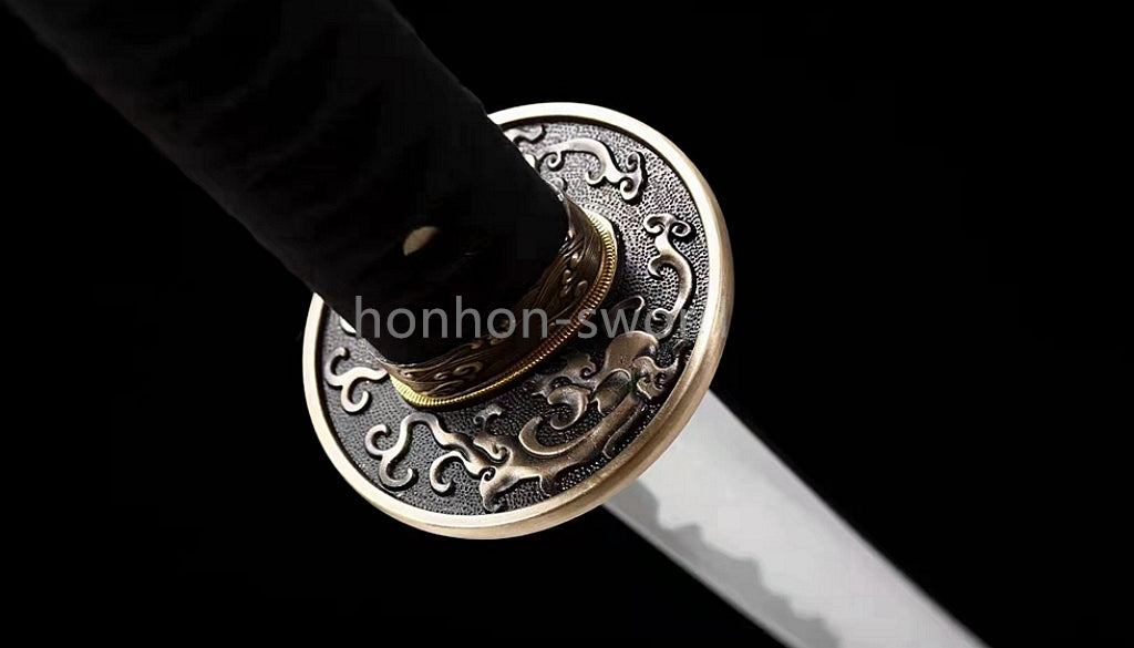 Japanisches Samurai-Schwert Katana aus schwarzem gefaltetem Stahl, Full Tang, handgefertigt, scharfe Klinge, schwarz 