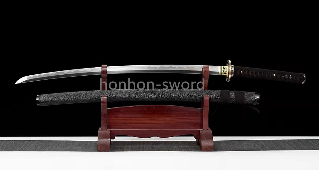 Japanisches Samurai-Schwert Katana aus schwarzem gefaltetem Stahl, Full Tang, handgefertigt, scharfe Klinge, schwarz 