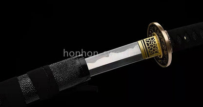 Japanisches Samurai-Schwert Katana aus schwarzem gefaltetem Stahl, Full Tang, handgefertigt, scharfe Klinge, schwarz 