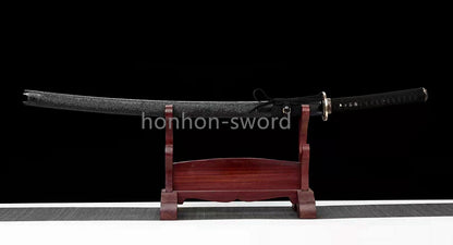 Japanisches Samurai-Schwert Katana aus schwarzem gefaltetem Stahl, Full Tang, handgefertigt, scharfe Klinge, schwarz 