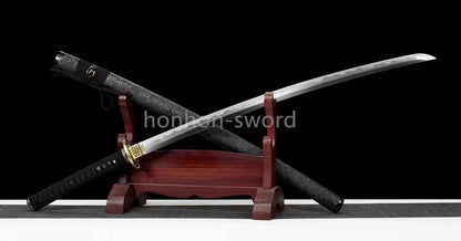 Japanisches Samurai-Schwert Katana aus schwarzem gefaltetem Stahl, Full Tang, handgefertigt, scharfe Klinge, schwarz 