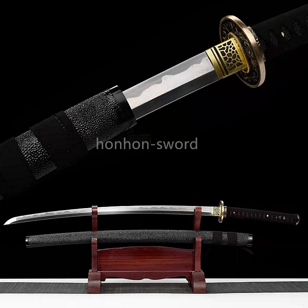 Japanisches Samurai-Schwert Katana aus schwarzem gefaltetem Stahl, Full Tang, handgefertigt, scharfe Klinge, schwarz 