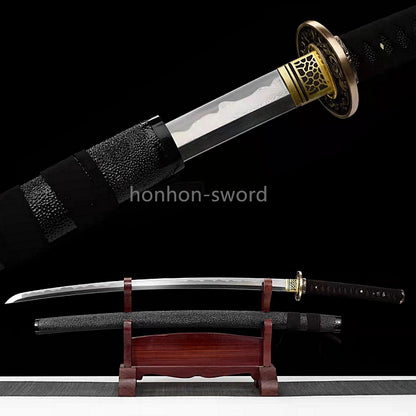 Japanisches Samurai-Schwert Katana aus schwarzem gefaltetem Stahl, Full Tang, handgefertigt, scharfe Klinge, schwarz 
