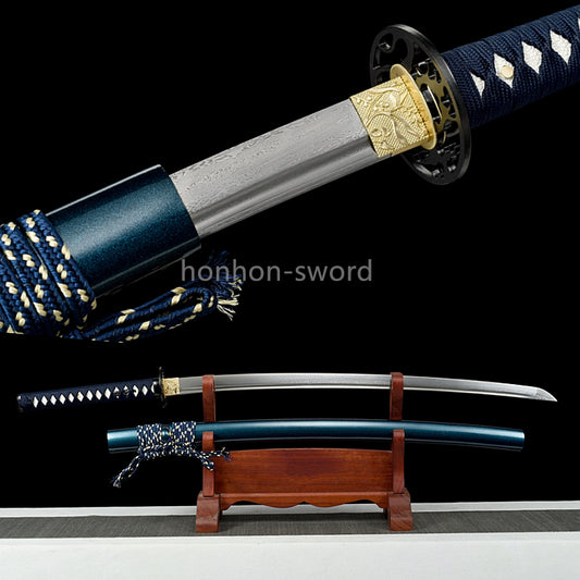 Japanisches Samurai-Schwert Katana aus schwarzem gefaltetem Stahl, Full Tang, handgefertigt, scharfe Klinge, schwarz 