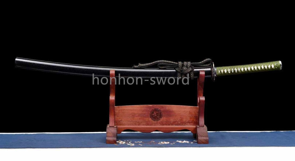 Japanisches Samurai-Schwert Katana aus schwarzem gefaltetem Stahl, Full Tang, handgefertigt, scharfe Klinge, schwarz 