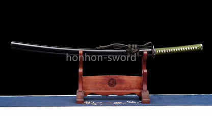 Japanisches Samurai-Schwert Katana aus schwarzem gefaltetem Stahl, Full Tang, handgefertigt, scharfe Klinge, schwarz 