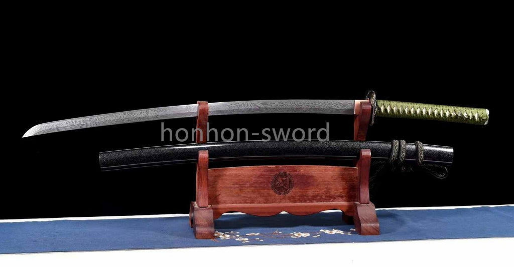 Japanisches Samurai-Schwert Katana aus schwarzem gefaltetem Stahl, Full Tang, handgefertigt, scharfe Klinge, schwarz 