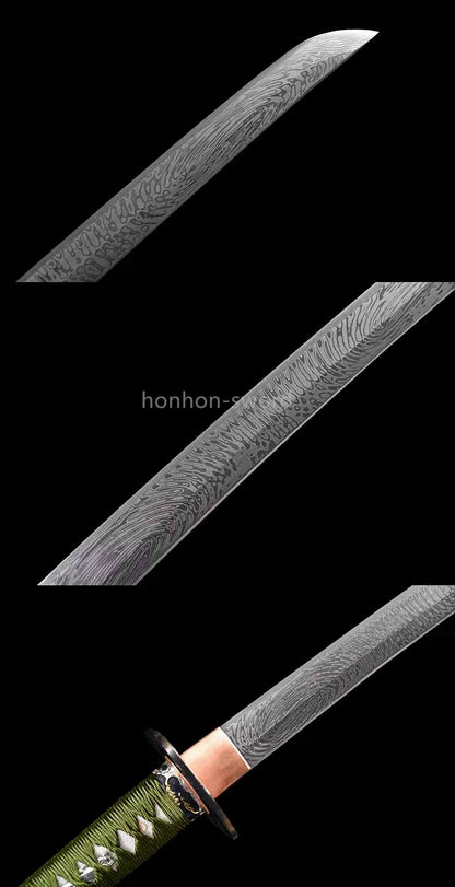 Japanisches Samurai-Schwert Katana aus schwarzem gefaltetem Stahl, Full Tang, handgefertigt, scharfe Klinge, schwarz 