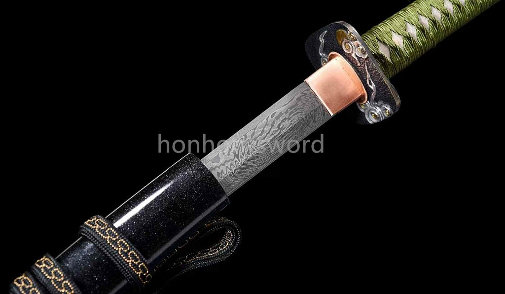 Japanisches Samurai-Schwert Katana aus schwarzem gefaltetem Stahl, Full Tang, handgefertigt, scharfe Klinge, schwarz 