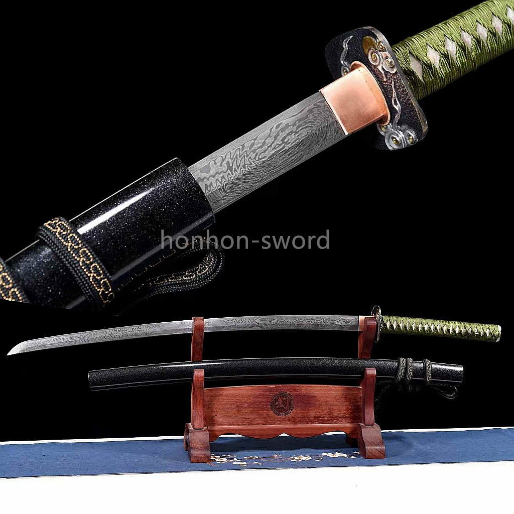 Japanisches Samurai-Schwert Katana aus schwarzem gefaltetem Stahl, Full Tang, handgefertigt, scharfe Klinge, schwarz 